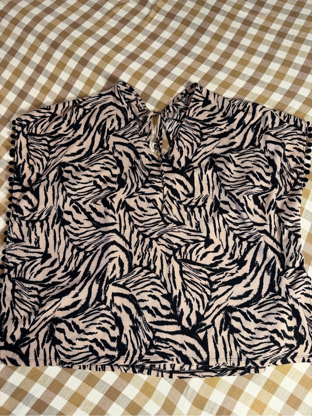 Xhilaration Zebra Print Pom Trim Blouse Pink Black Medium Boho Top